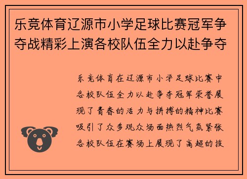 乐竞体育辽源市小学足球比赛冠军争夺战精彩上演各校队伍全力以赴争夺荣誉